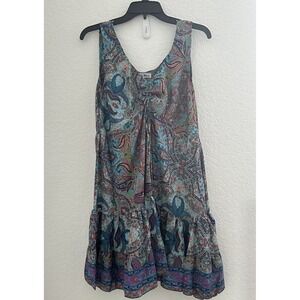 White Waves Babydoll‎ Mini Dress S? Turquoise Paisley Tiered Boho Resort Hawaii